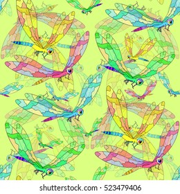 seamless pattern a dragonfly flies on green vector illustration