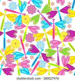 Seamless pattern with dragonfly & flower 