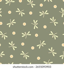 Padrão contínuo com libélula e vetor de flor para o verão ou a estação da primavera. Libélulas animal e flora design têxtil para impressão de tecido, papel de parede crianças, papel de parede, papel de embrulho de presente.