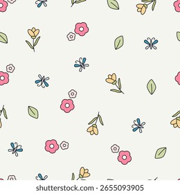 Padrão contínuo com libélula e vetor de flor para o verão ou a estação da primavera. Libélulas animal e flora design têxtil para impressão de tecido, papel de parede crianças, papel de parede, papel de embrulho de presente.