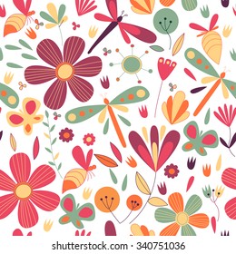 Seamless pattern with the dragonfly and flowers. Seamless pattern can be used for wallpaper, pattern fills, web page background, surface textures.