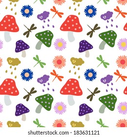 Seamless pattern with dragonfly and mushroom