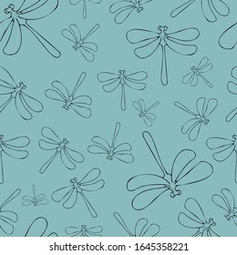 seamless pattern with the dragonfly on blue background. Pattern with insects. Blue insect. Blue dragonflies. Dragonfly