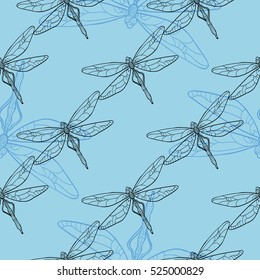 Seamless pattern with dragonfly on blue background. Vector illustration.