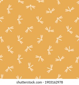 Seamless pattern with dragonfly on color background. Romantic vector illustration. Adorable cartoon character. Template design for invitation, cards, textile, fabric. Doodle style.