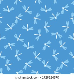 Seamless pattern with dragonfly on color background. Romantic vector illustration. Adorable cartoon character. Template design for invitation, cards, textile, fabric. Doodle style.