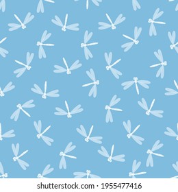 Seamless pattern with dragonfly on color background. Romantic vector illustration. Adorable cartoon character. Template design for invitation, cards, textile, fabric. Doodle style.