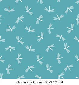 Seamless pattern with dragonfly on color background. Romantic vector illustration. Adorable cartoon character. Template design for invitation, cards, textile, fabric. Doodle style.
