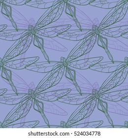 Seamless pattern with dragonfly on purple background. Vector illustration.