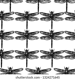 Seamless pattern of dragonfly on the white background.