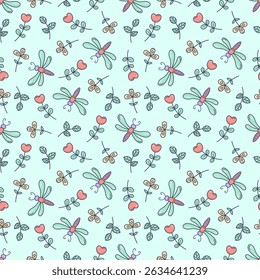 Seamless pattern with dragonfly and plants in doodle style in pastel colorsб. Ideal for children’s textiles, gift wrap, and spring decor. On a light green background