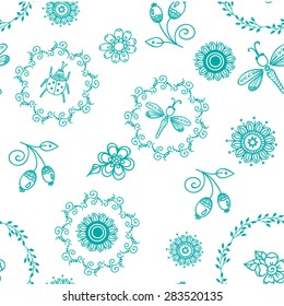 Seamless pattern with dragonfly and round leaf frame.