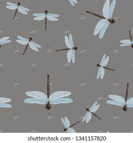 Seamless Pattern with dragonfly s and dandelion seeds. Dragonfly background.