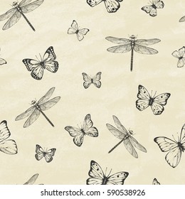 Seamless Pattern with dragonfly's and  butterflies. Dragonfly background. Vector illustration.