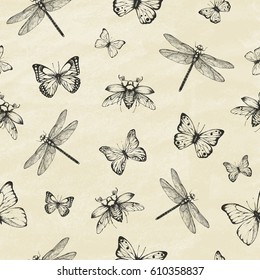 Seamless Pattern with dragonfly's, cockchafer and butterflies. Dragonfly background. Vector illustration.
