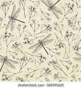 Seamless Pattern with  dragonfly's and flowers. Dragonfly background. Vector illustration.