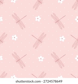 Patrón sin fisuras con libélulas y flores simples. Ideal para la tela y la materia textil, papel de embalaje.
