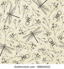 Seamless Pattern with  dragonfly's, stag beetle and flowers. Summer background. Vector illustration.