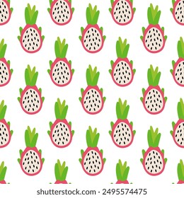 Seamless Pattern with dragonfruit. Concept of healthy food and product. Summer pitahaya food background. Vector flat illustration.