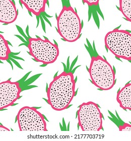 Seamless pattern with dragonfruits and pitaya slices. Hand drawn pitaya pattern on white background. for fabric, drawing labels, print, wallpaper of children's room, fruits background