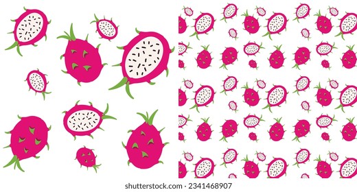 Seamless pattern with dragonfruits and pitaya slices. Hand drawn pitaya pattern on white background. for fabric, drawing labels, print, wallpaper of children's room, fruits background