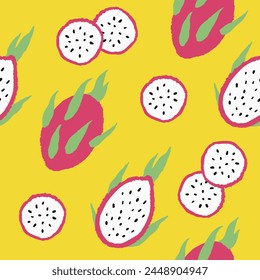 Seamless pattern of dragonfruits and pitaya slices with colored doodle style.