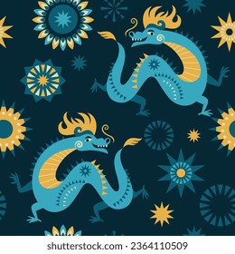 Seamless pattern with dragons. Chinese New Year 2024. Year of the Dragon according to the Eastern Chinese calendar. 