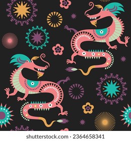 Patrón sin foco con dragones. Año Nuevo Chino 2024. Año del Dragón según el calendario de China Oriental. 