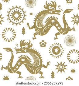 Seamless pattern with dragons. Chinese New Year 2024. Year of the Dragon according to the Eastern Chinese calendar. Beautiful pattern with golden dragons on white