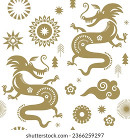 Seamless pattern with dragons. Chinese New Year 2024. Year of the Dragon according to the Eastern Chinese calendar. Beautiful pattern with golden dragons on white