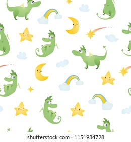 A seamless pattern with dragons, clouds, moons, comets, rainbows.