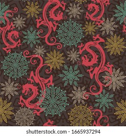 Seamless pattern with dragons and ethnic flowers. Vector illustration.