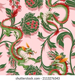 Seamless pattern with dragons and flowers. Oriental trendy print.