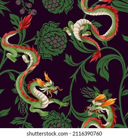 Seamless pattern with dragons and flowers. Oriental trendy print.