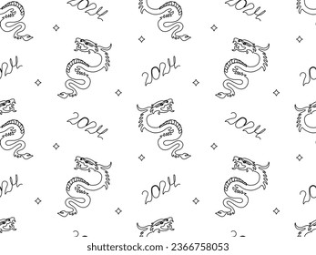 seamless pattern of dragons and numbers 2024, new year, symbol of the year according to the Chinese calendar.Line art