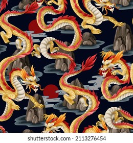 Seamless pattern with dragons. Oriental trendy print