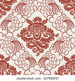 seamless pattern with dragons and waves