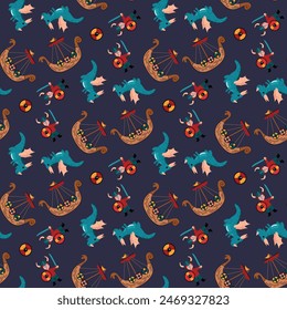 Seamless pattern with drakkar, Viking and dragon. Design for fabric, textiles, wallpaper, packaging