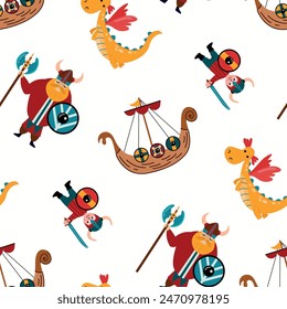 Seamless pattern with drakkar, Viking and dragon. Design for fabric, textiles, wallpaper, packaging.	
