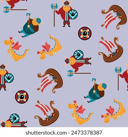 Seamless pattern with drakkar, Viking and dragon. Design for fabric, textiles, wallpaper, packaging.