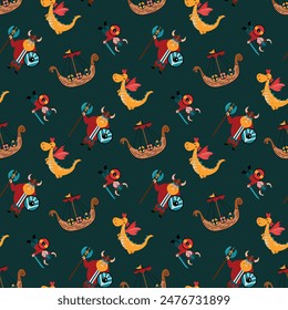 Seamless pattern with drakkar, Viking and dragon. Design for fabric, textiles, wallpaper, packaging.	
