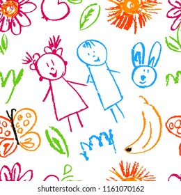 Seamless pattern. Draw pictures, doodle. Beautiful and bright design. Interesting images for backgrounds, textiles, tapestries. Flowers, butterflies, children