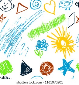 Seamless pattern. Draw pictures, doodle. Beautiful and bright design. Interesting images for backgrounds, textiles, tapestries. Grass, sun, scribbles