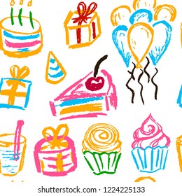 Seamless pattern. Draw pictures, doodle. Beautiful and bright design. Interesting images for backgrounds, textiles, tapestries. Cake, balls. Celebration