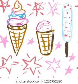 Nahtloses Muster. Ziehe Bilder, Doodle. Schönes und helles Design. Interessante Bilder für Hintergründe, Textilien, Tapisserien. Eiscreme, Sterne. Sommer
