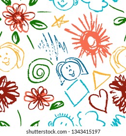 Seamless pattern. Draw pictures, doodle. Beautiful and bright design. Interesting images for backgrounds, textiles, tapestries. Flowers, clouds, sun, faces