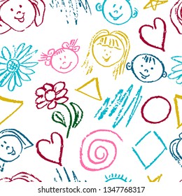 Seamless pattern. Draw pictures, doodle. Beautiful and bright design. Interesting images for backgrounds, textiles, tapestries. Flowers, faces, geometric shapes