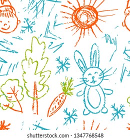 Seamless pattern. Draw pictures, doodle. Beautiful and bright design. Interesting images for backgrounds, textiles, tapestries. Hare, carrot, sun