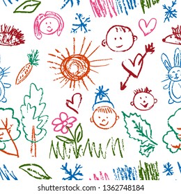 Seamless pattern. Draw pictures, doodle. Beautiful and bright design. Interesting images for backgrounds, textiles, tapestries. Flowers, hare, carrot, sun