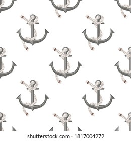 Seamless pattern, drawing of an anchor with a rope, vector illustration